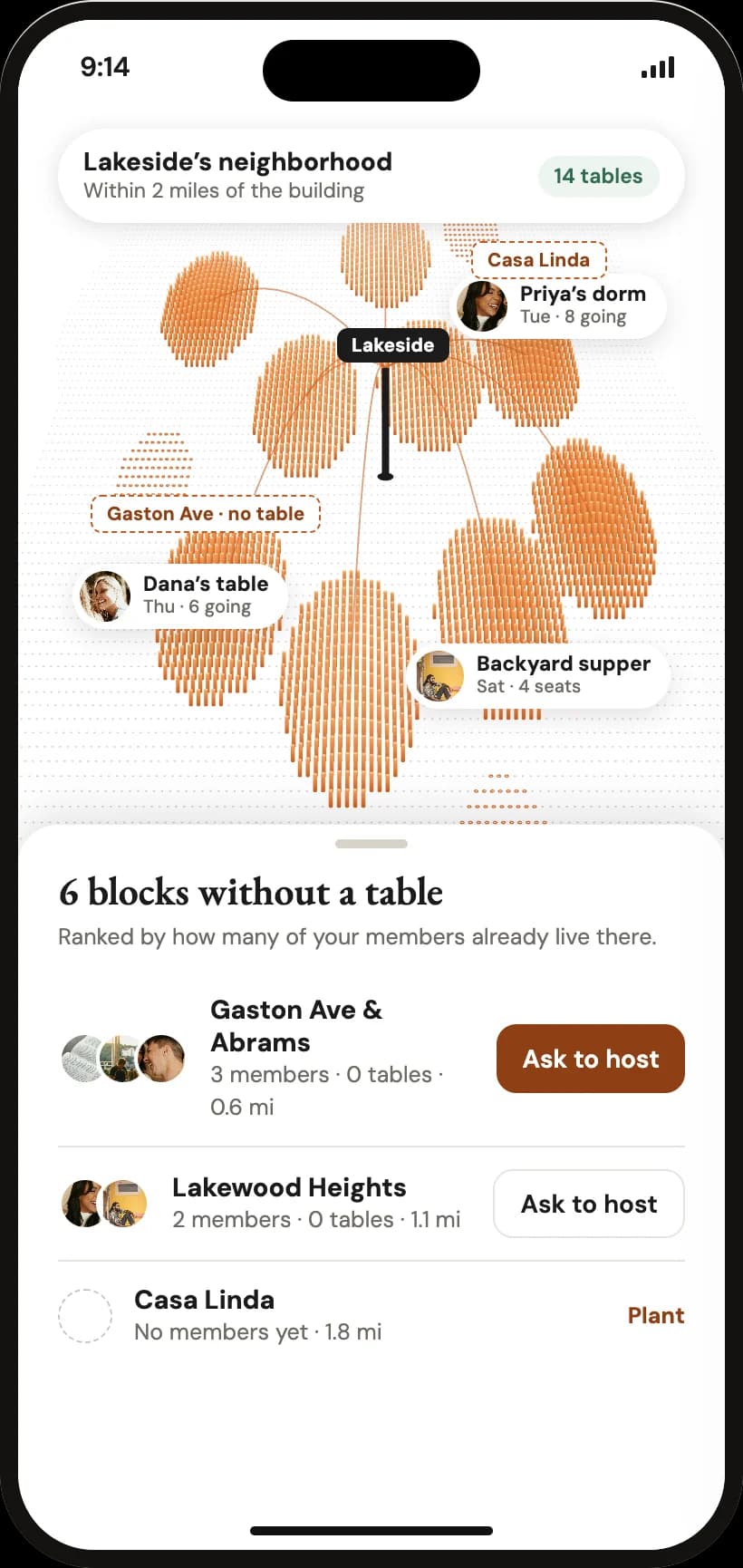 App screen: a 3D map of a church’s neighborhood with orange columns where tables meet, and a list of six blocks without a table, ranked by how many members live there