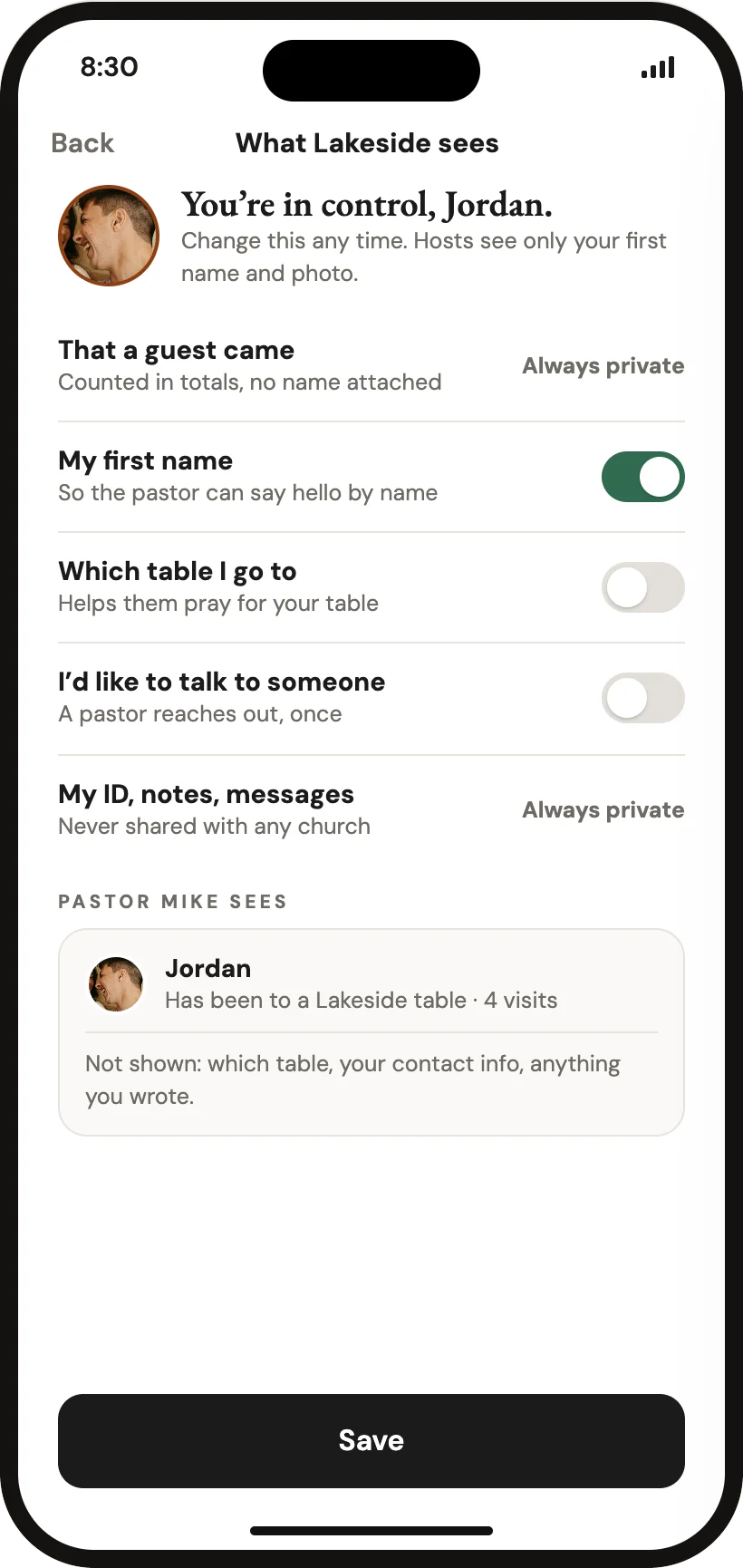 App screen: a guest’s privacy settings, with toggles for first name, which table, and asking to talk to someone