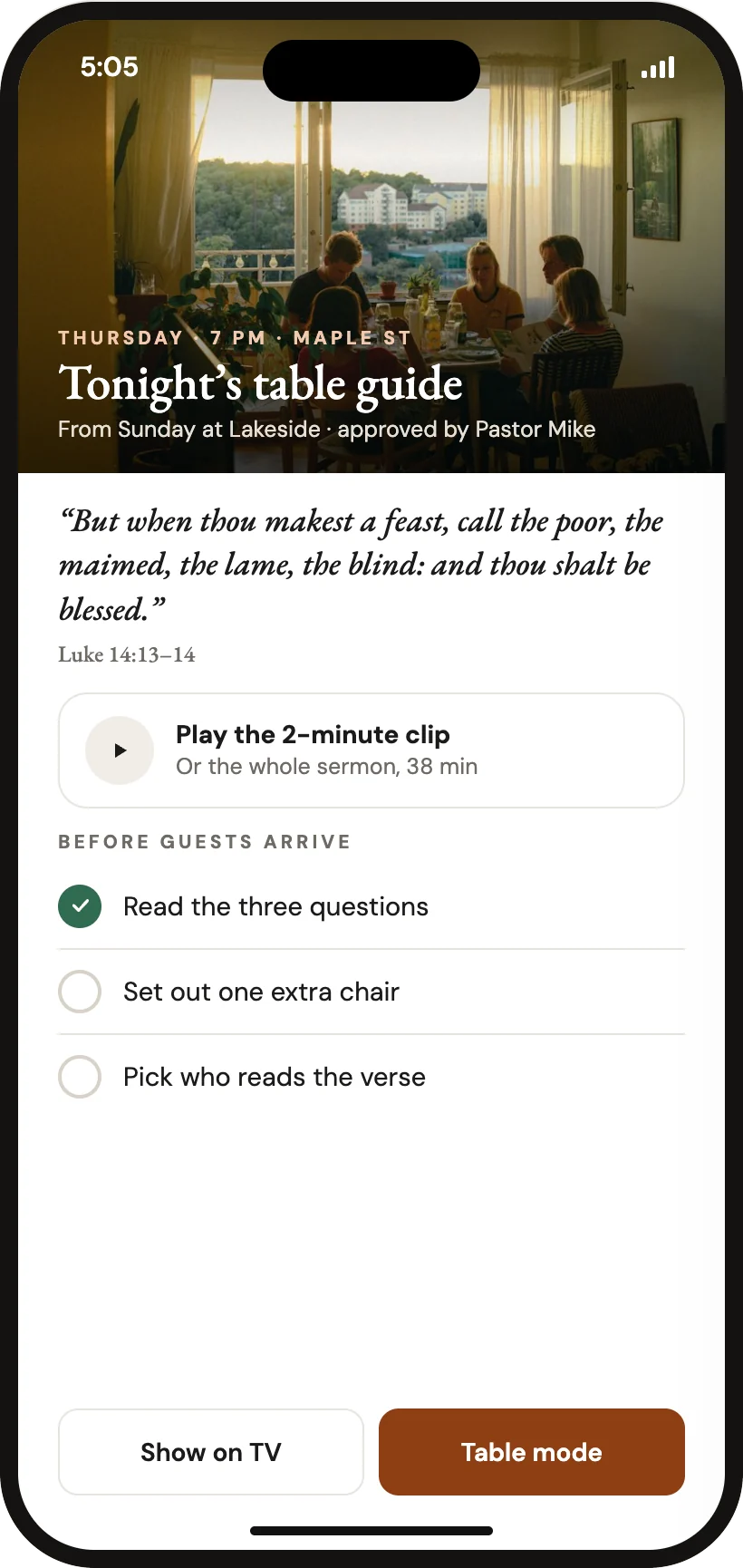 App screen: a host’s guide for Thursday with the verse, a two-minute sermon clip and a checklist before guests arrive