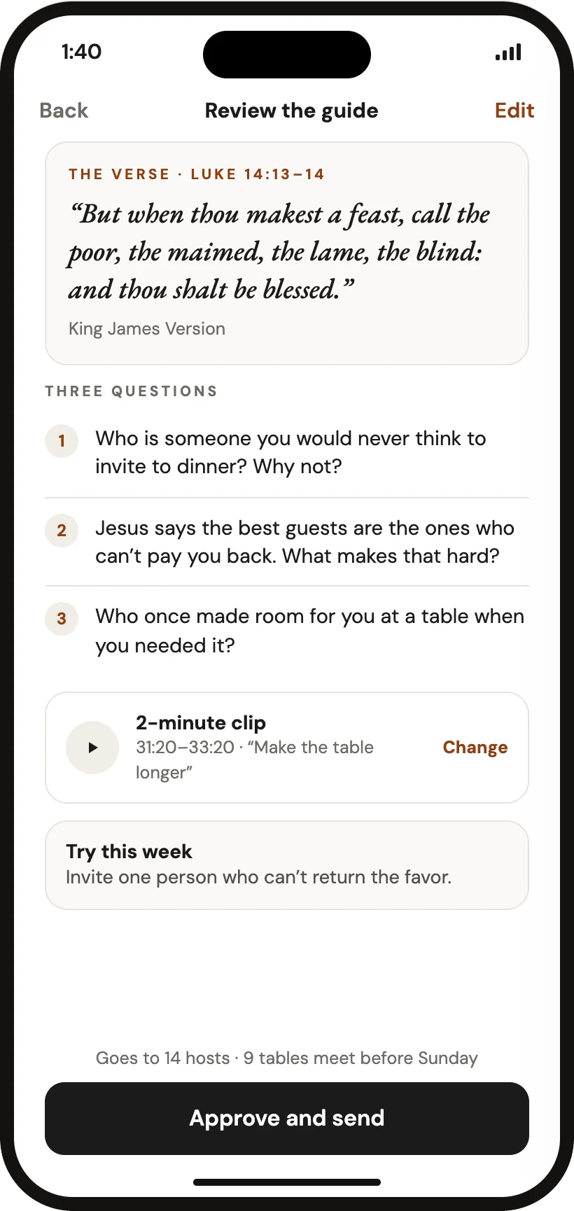 App screen: a pastor reviews a draft table guide with a verse from Luke 14, three questions and a two-minute clip, then approves and sends it