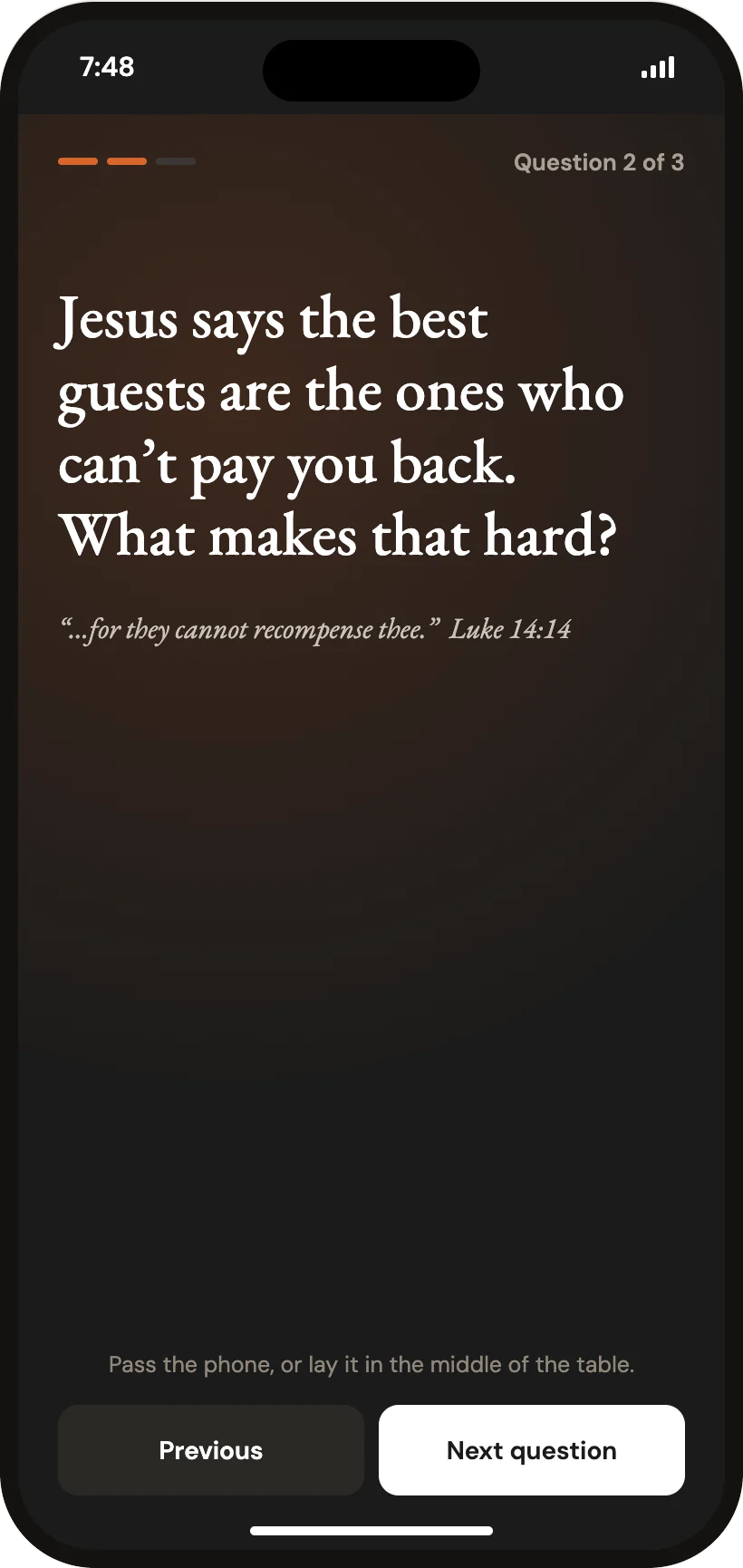 App screen: table mode showing one discussion question in large type on a dark screen