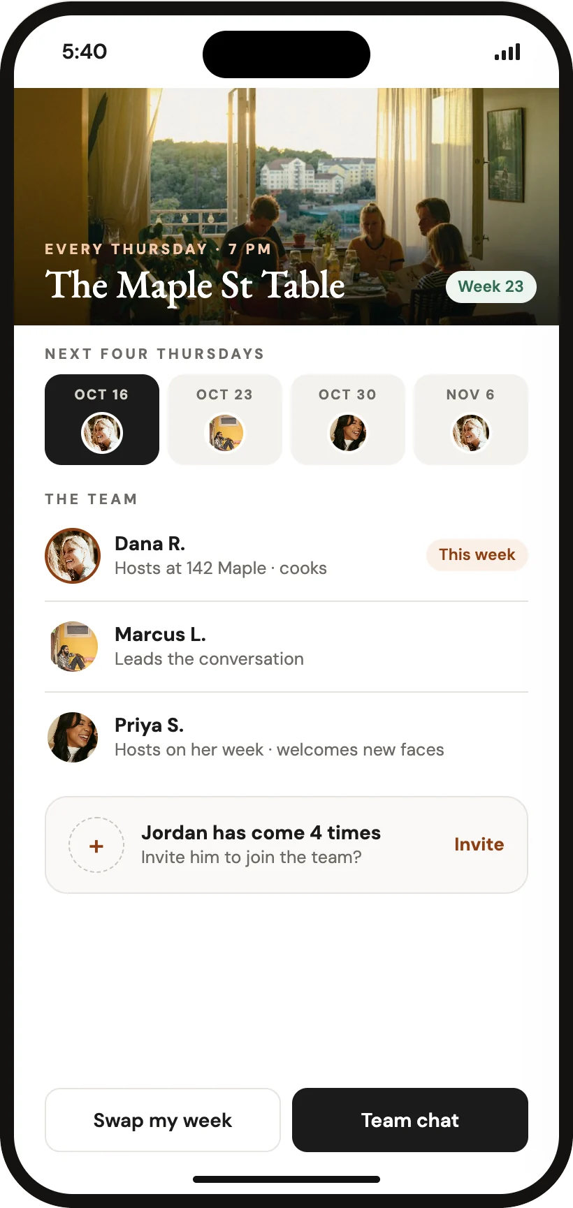 App screen: The Maple St Table, every Thursday at 7 pm, with the next four hosts and a team of three